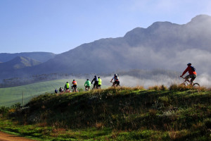 cyclists biking down a trail